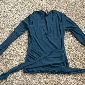 Zara teal sheer wrap tie shirt